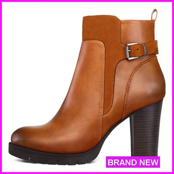 Chunky Heel Ankle Booties Waterproof PU Leather Side Zipper Comfortable Wide Fit